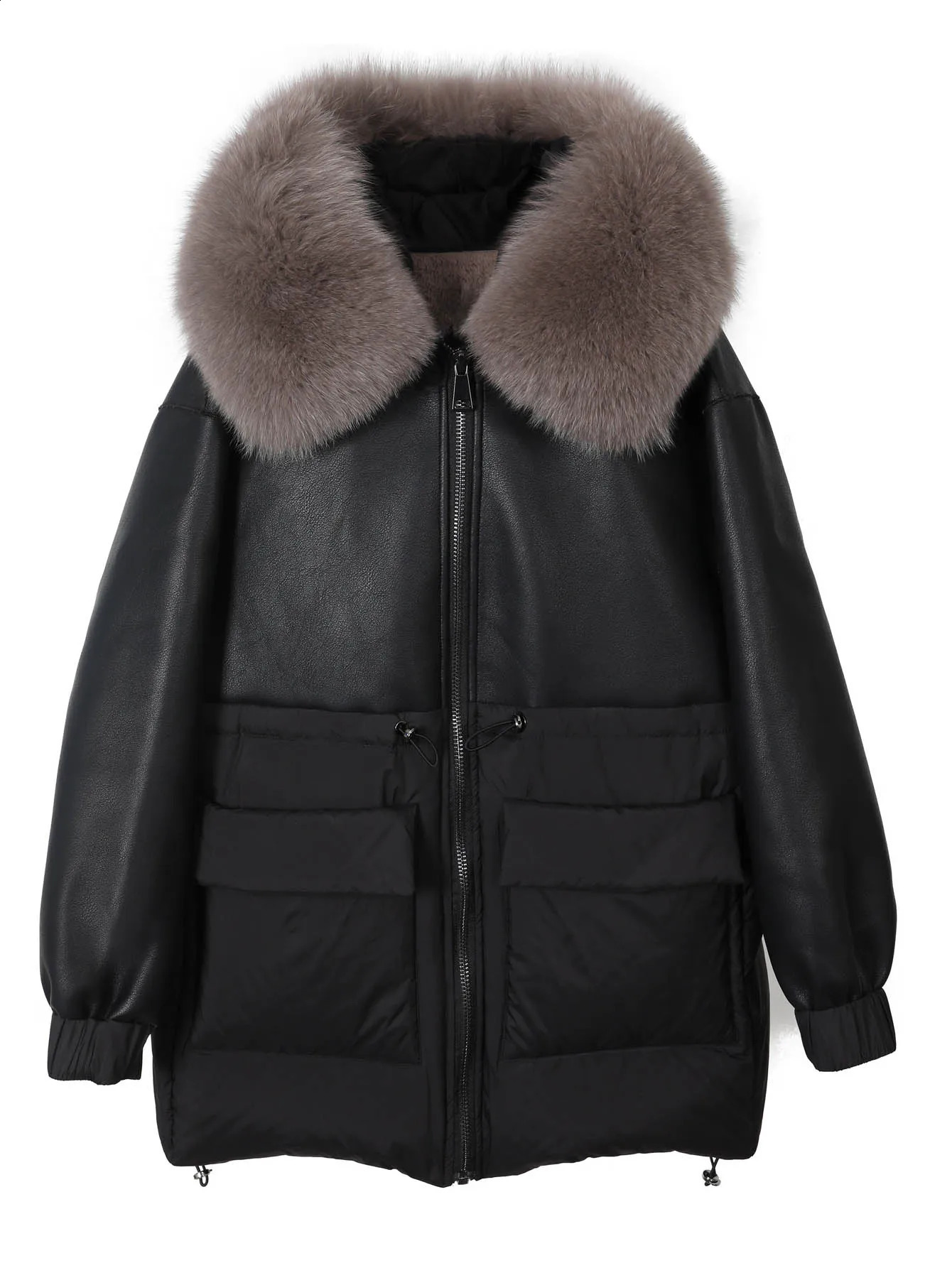 Maomaokong Fox Fur Collar Women's Winter Down Jacket Black Soft Faux Leather Fabric Patching Cool Oversized Zipper Fashion 261015