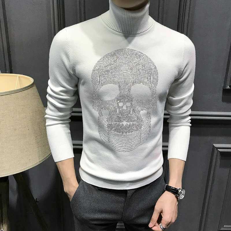 Skull Hot Rhinestone Winter New Men's Turtleneck Sweater High-Quty Soft Fabric Top Long Slve Warm Knitted Pullover M261016