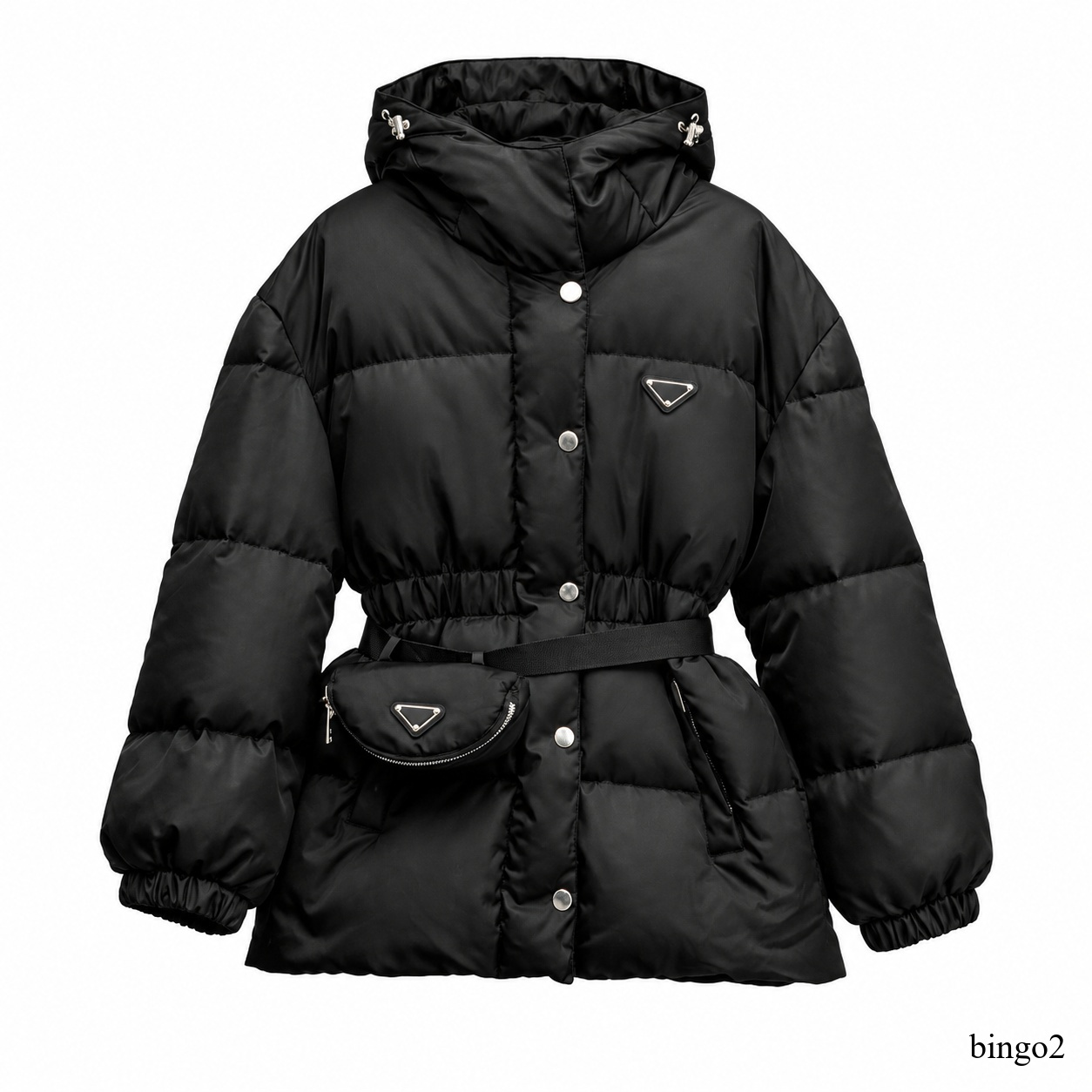 Womens Hooded Puffer Jacket Cinched Waist Detachable Pouch Bag White Duck Down Recycled Nylon Windproof Water Repellent Quilted Winter Coat