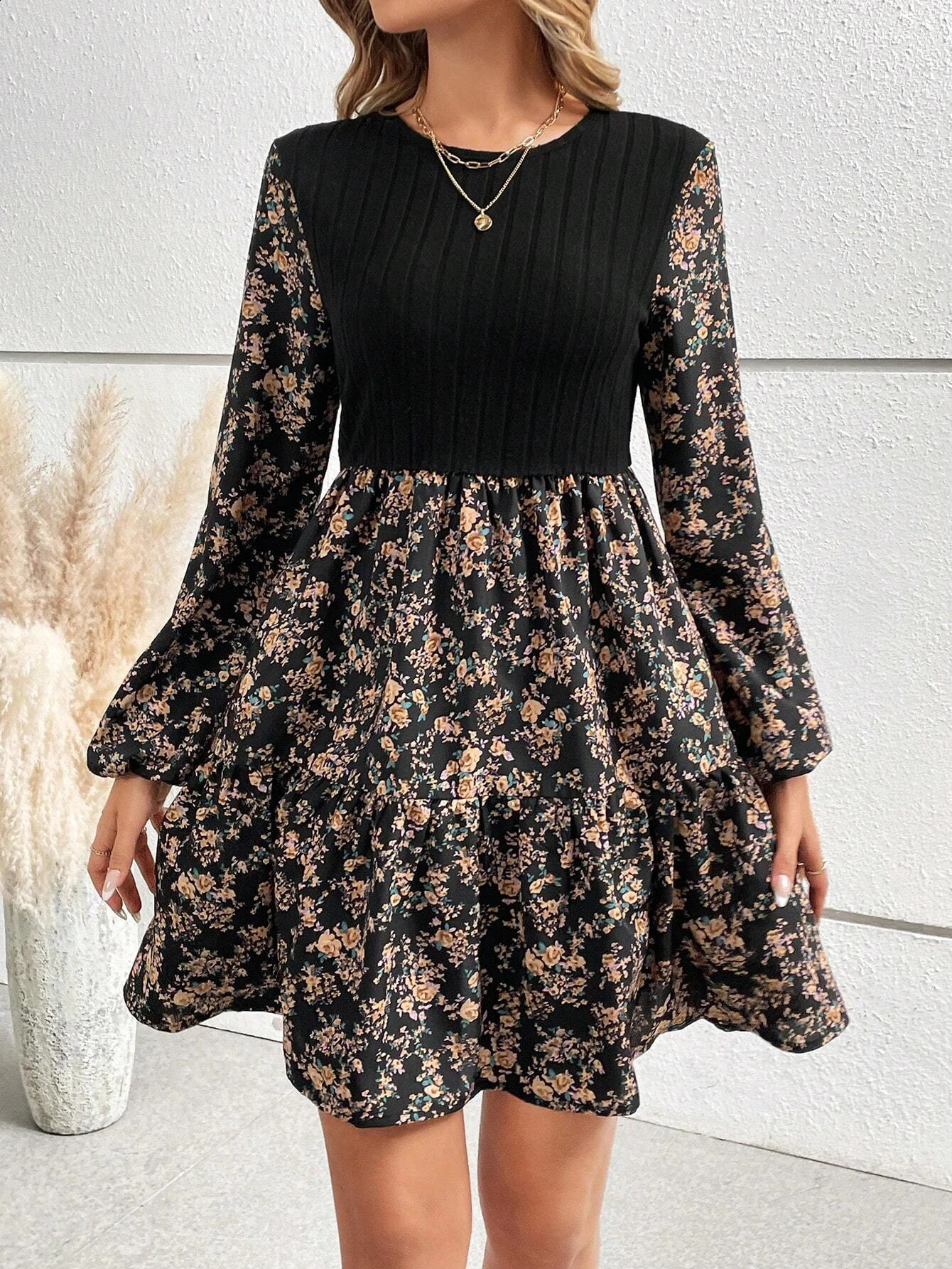 Women's Ditsy Floral Print Patchwork Ribbed A Line Dress Elegant Long Sleeve Round Neck Short Dress for Spring Fall 261015