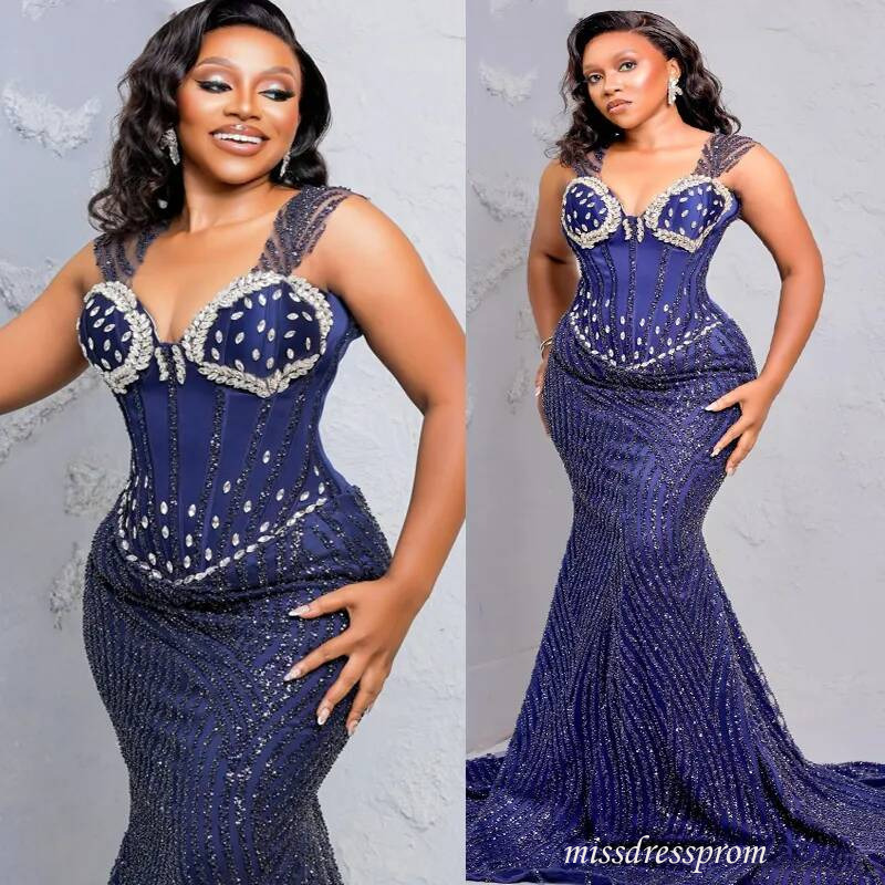 Dark Navy Aso Ebi Mermaid Prom Dress Evening Dresses Formal Gowns Spaghetti Straps Illusion Beaded Lace Crystals Birthday Second Reception Gown Am39