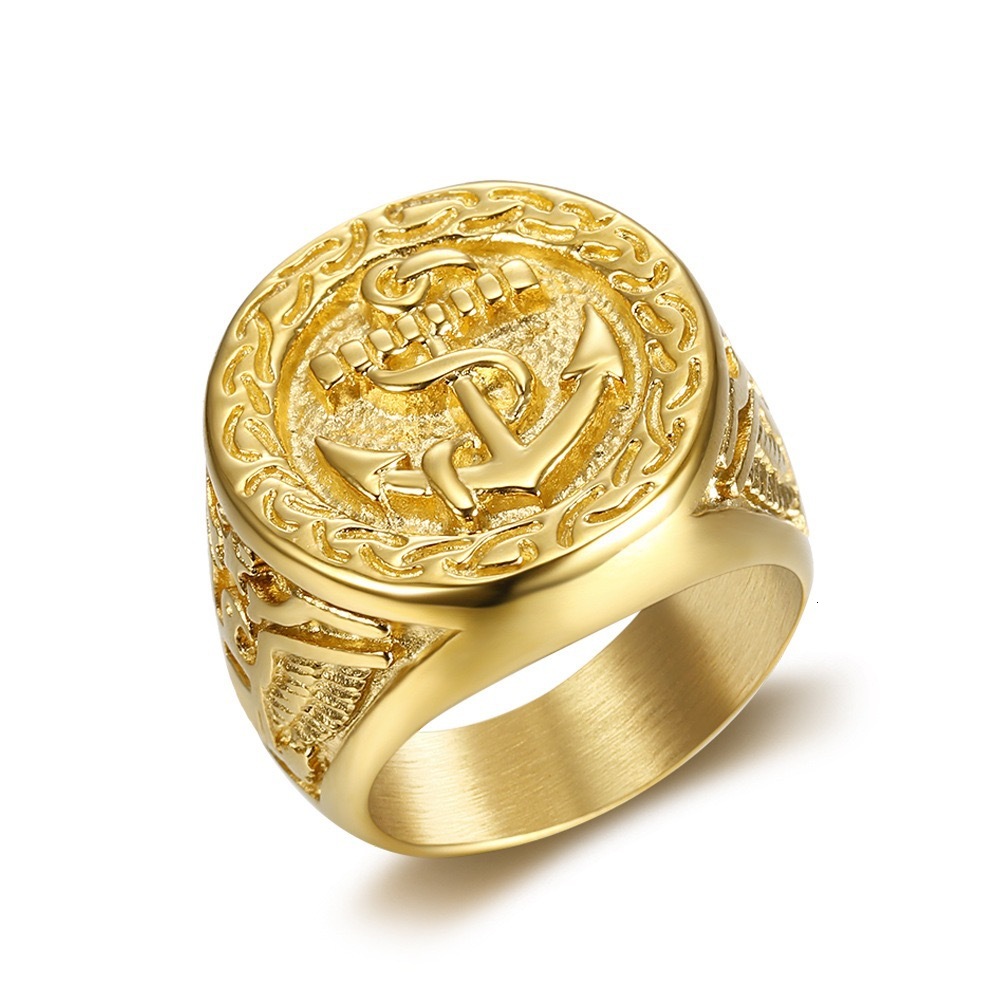 Trending European and Style Titanium Steel/Stainless Steel Color-Retaining Gold-Plated American Navy Anchor Eagle Men's Ring