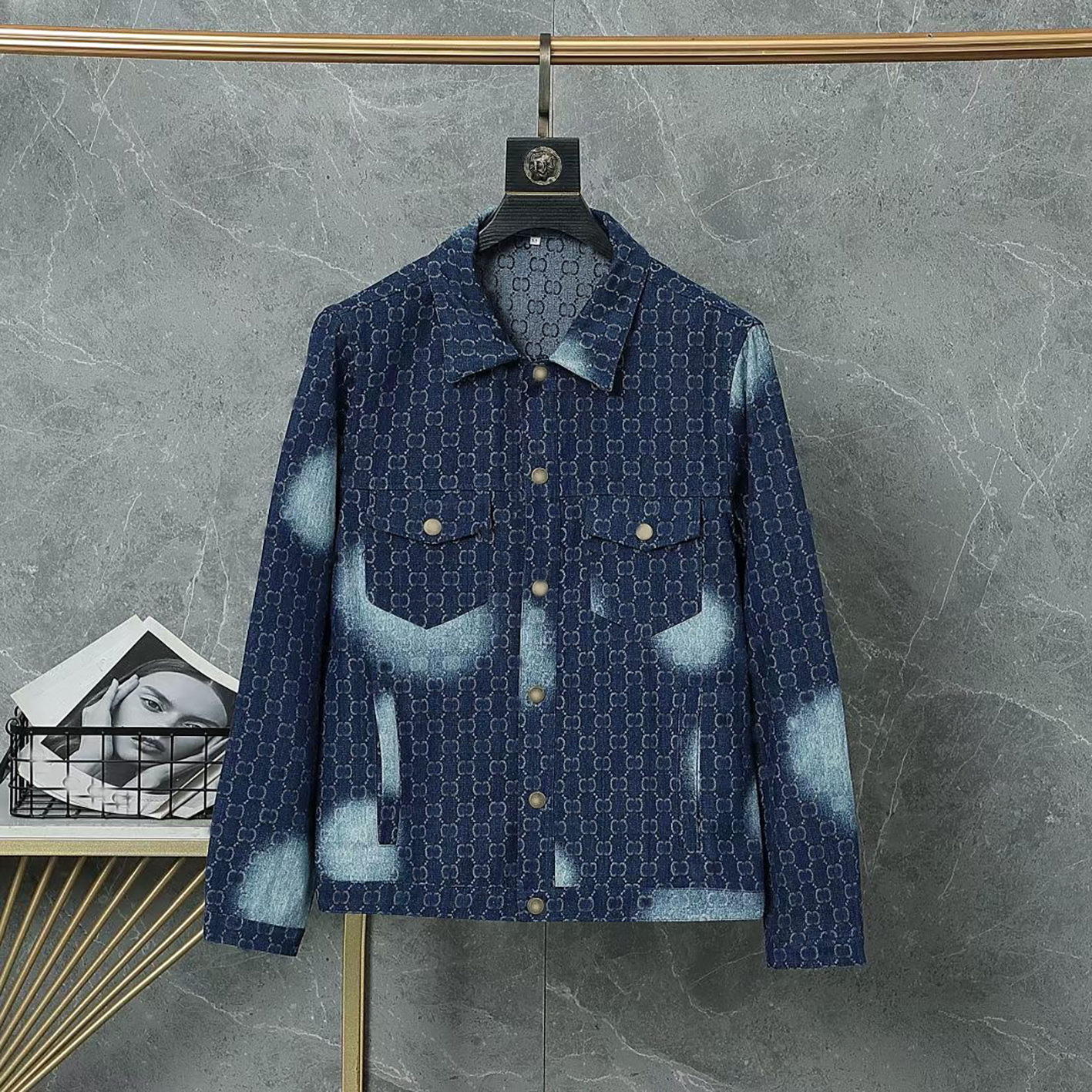 Designer brand clothing, high-quality men's double-G vintage denim jacket, washed gradient retro collar denim shirt, unisex casual denim jacket
