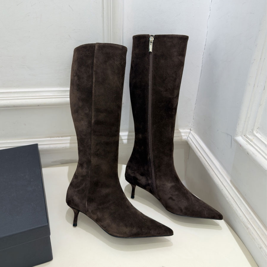 top quality Minimalism new Suede Zipper Trendy Pointed-toe Knee Boots Fashion boots Real leather Kitten Heel Knight Boots Luxury designer boots wome