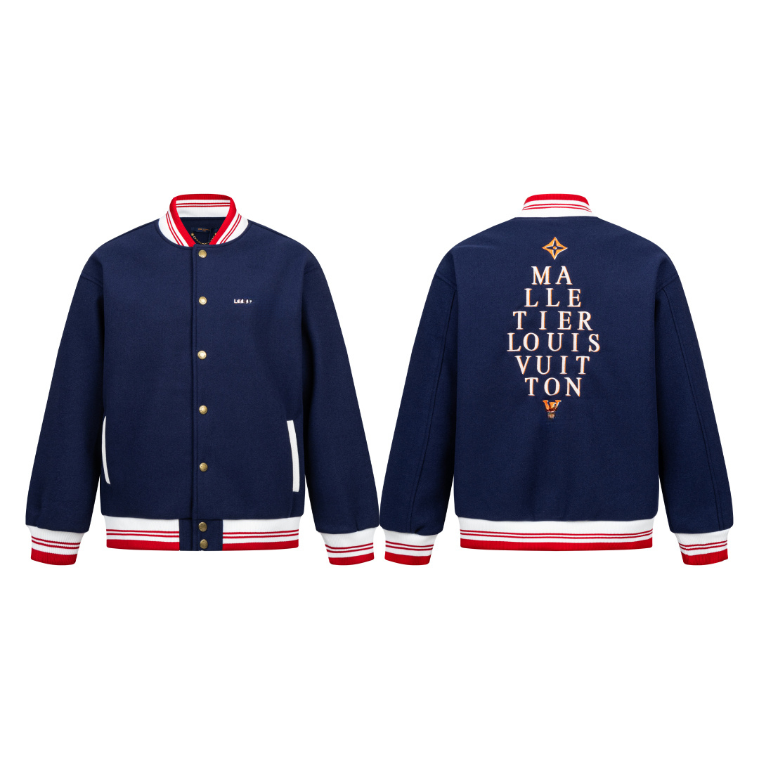 Men Women Retro Letter Embroidery Varsity Jacket, Color Block Rib Cuff Baseball Bomber Coat, Navy Blue Wool Blend Streetwear Casual Jacket