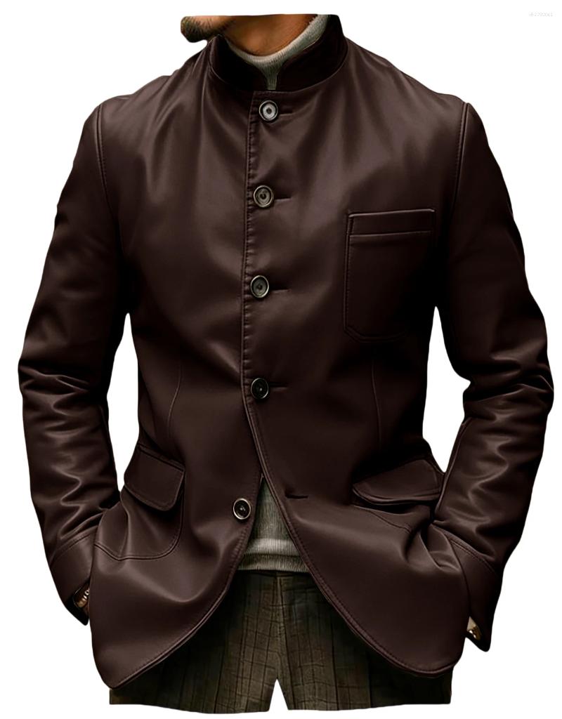 Men's Stand Collar Leather Jacket Single Breasted Casual Blazer Coat Multi Pockets Faux Sport For Business Outdoor