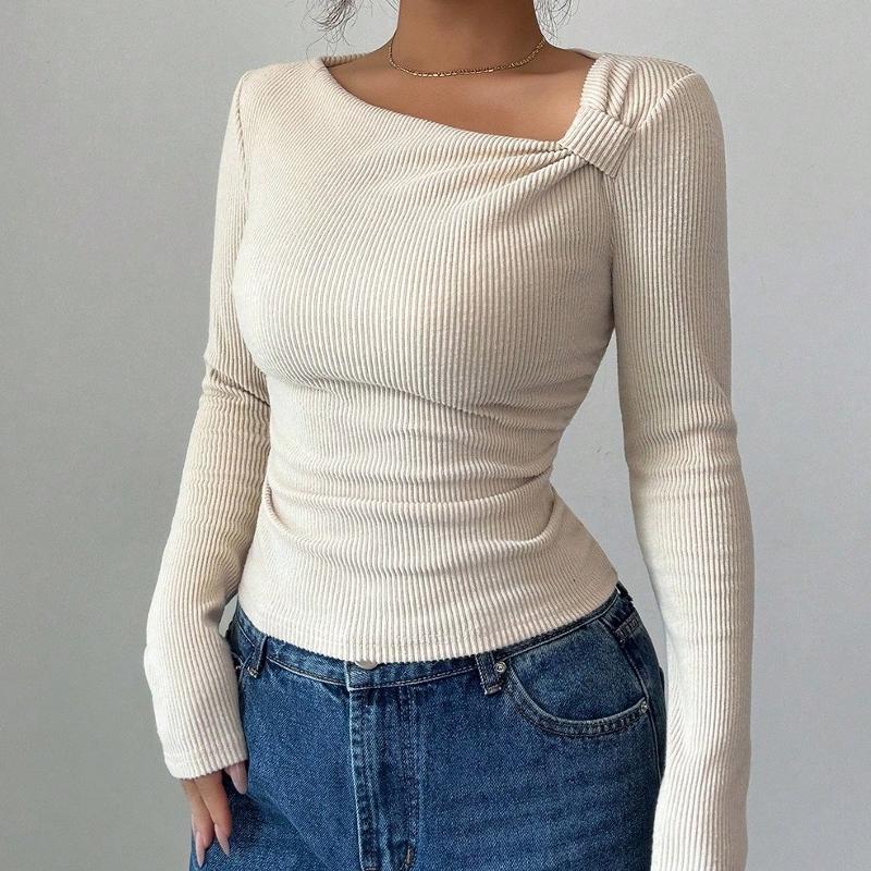 Haut à manches longues en tricot uni pour femmes, haut de styliste, col asymétrique, élégant, décontracté, chemise de Base, début d'automne, S-XX