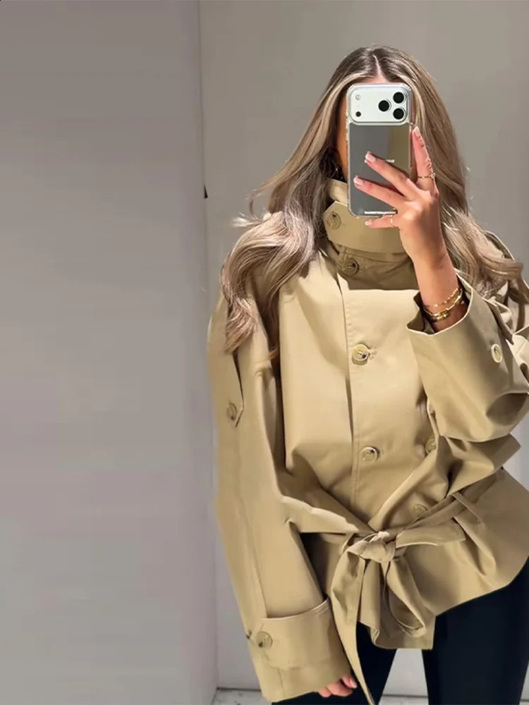 Fashion Stand Collar Women's Windbreaker Solid DoubleBreasted Lace Up Long Sleeve Lady Coats 2026 Autumn Female Outerwear 260922