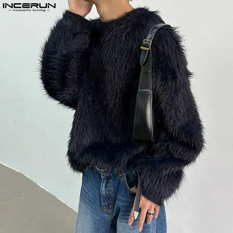 2024 Korean Style Handsome Tops Mens Loose Faux Plush Fabric Pullover Casual Strtwear Solid Long Slved Sweater S-5XL M261016