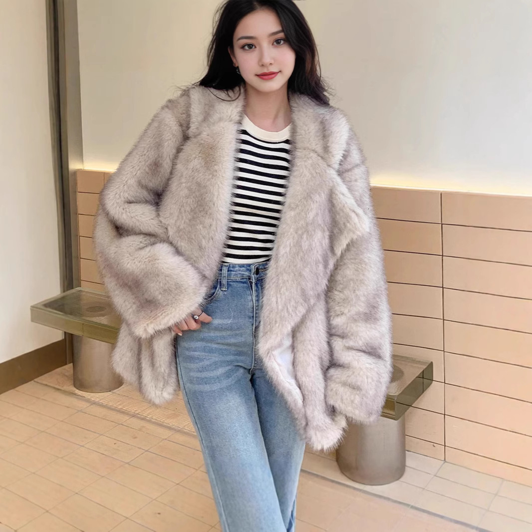 European And American Cross-Border 2025 Winter For Women, Mid-Length, Loose-Fitting, With A Suit Collar, Faux Fox Fur Coat