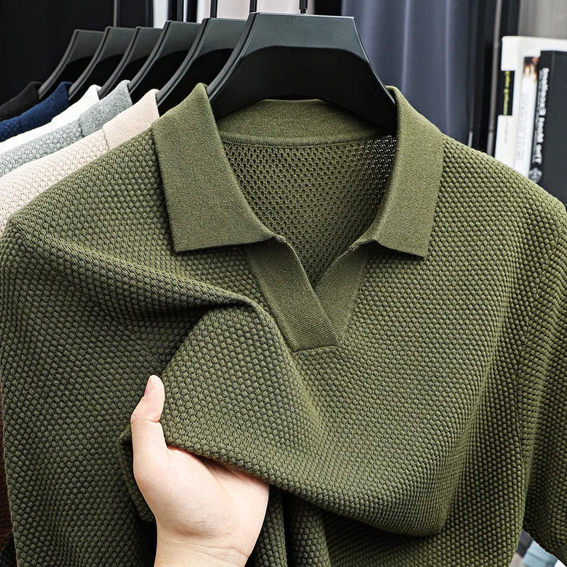 Men's Polo Shirt Cotton Shortsleeved POLO Shirt Mens Lapel Knitted Tshirt Highend Casual Bottoming collared Versatile Tee