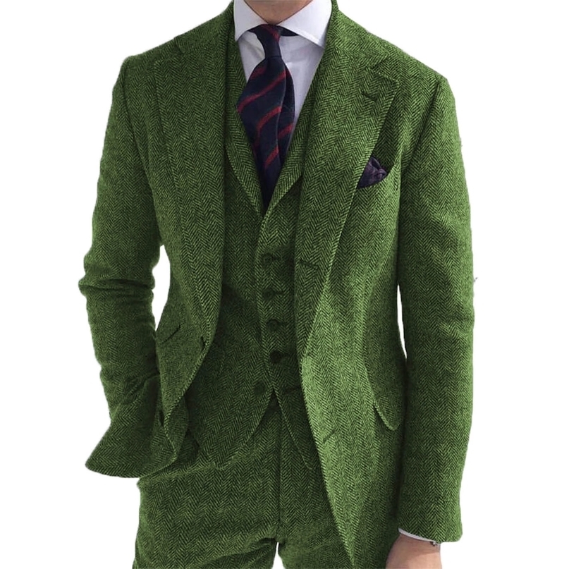 Mens Suits 3 Pieces Green Wool T Herringbone Business Retro Classic PatternTuxedos For Wedding Blazer Pants Vest 261019