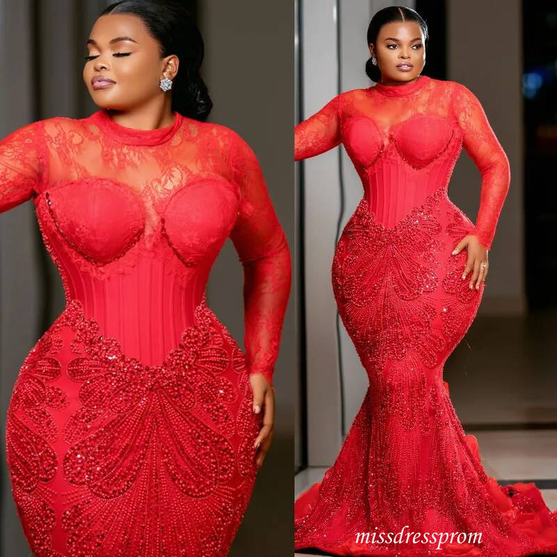 Plus Size Red Prom Dress Velvet Evening Dresses Illusion Appliqued Crystals Sequined Lace Formal Gowns For Nigeria Black Women Birthday Reception Go