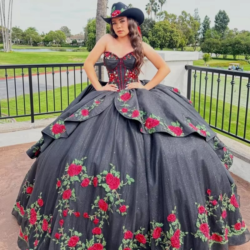 Black Glitter Quinceanera Dresses Off Shoulder Ball Gown Sweet 16 Dress Applique Lace Beading Crystal Bow Tull Long Tail Party Birthday vestidos 15
