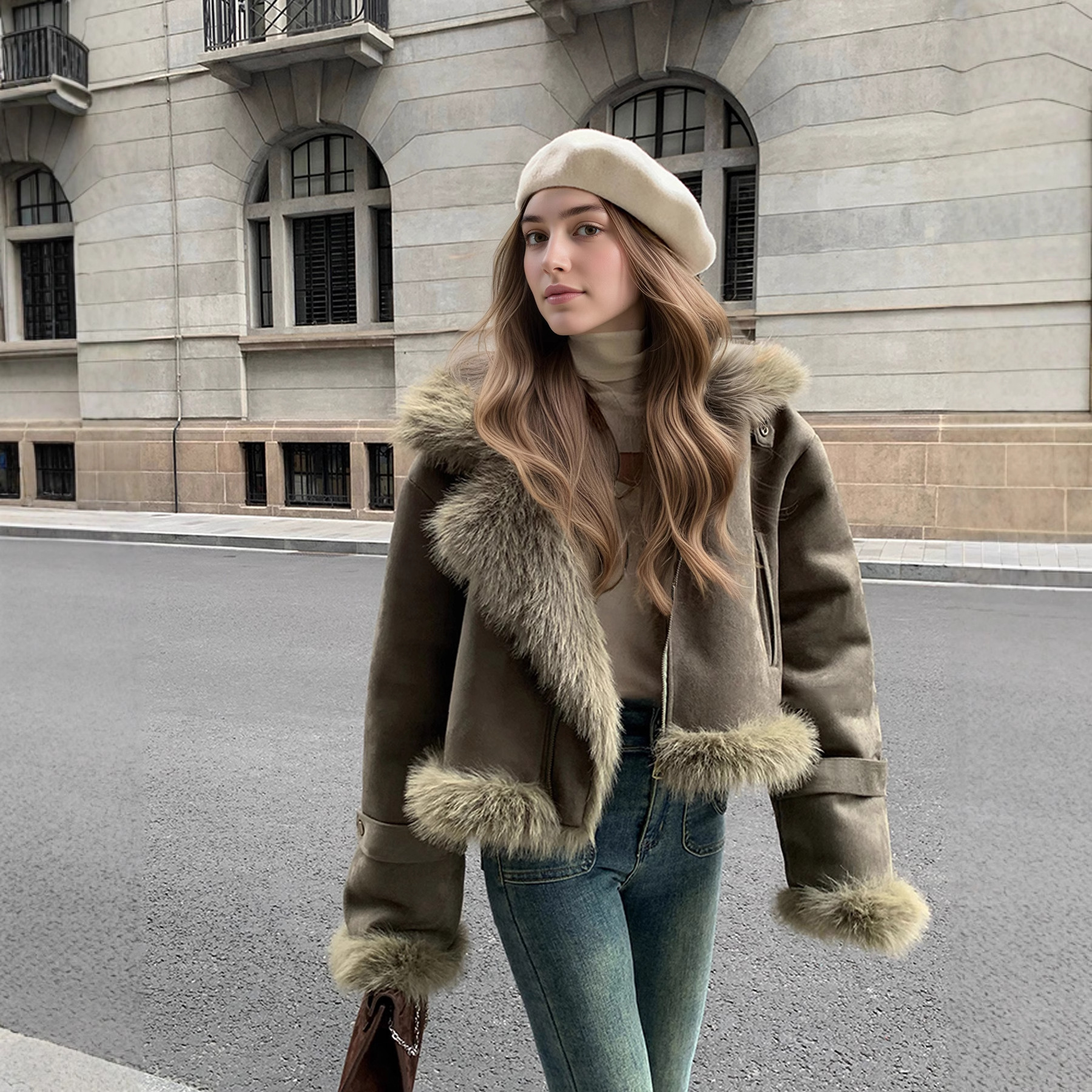 New Women Hooded Faux Shearling Biker Jacket Cropped Asymmetrical Zipper Thick Fleece Fur Collar Winter Warm Motorcycle Outerwear >