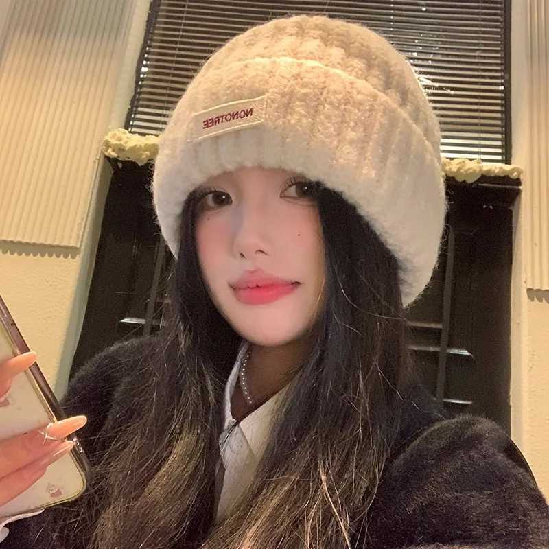Beanie/Skull Caps Korean Beanie Cap for Women Autumn Winter Warm Knitted Woolen Hat Solid Color Ear Protection Crochet Pullover Caps Q261017
