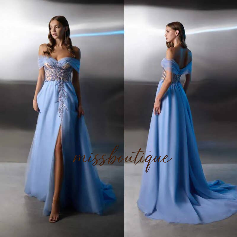 Elegant Off The Shoulder Evening Dresses Luxury Sequins Appliques Beaded Party Gown Floor Length Prom Dress Customized Q019