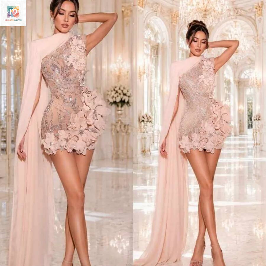 Mini Cocktail Party Prom Dresses High Neck Hand Made Flowers Mermaid Night Gowns Arabic Birthday Evening Dress Customized Mb017
