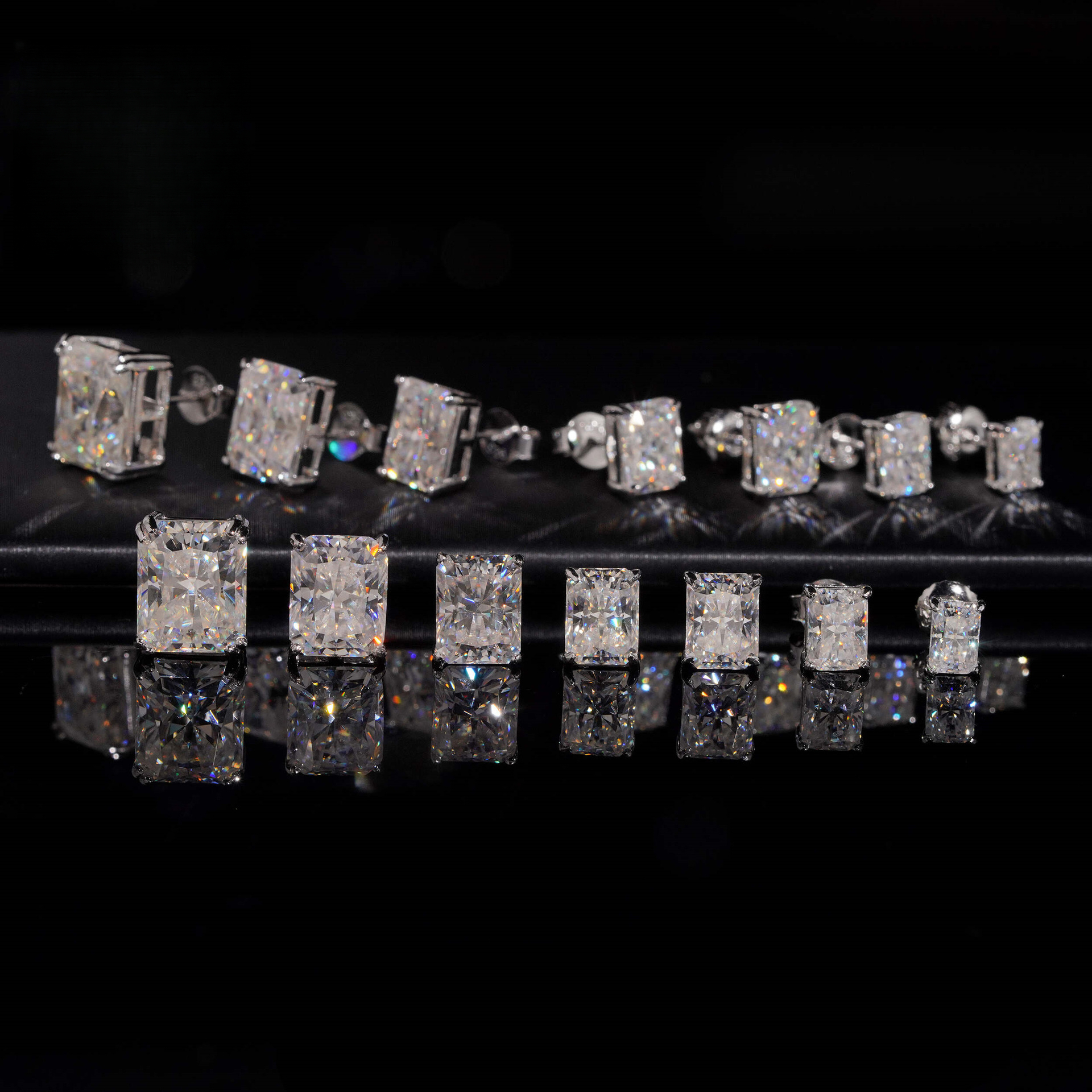 manufacturer, in-stock S925 sterling silver, Radiant square moissanite earrings, lightweight and stylish everyday wear, available for immediate