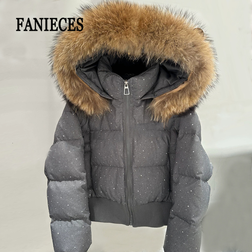 Winter Fur Collar Hooded Cotton Padded Short Coat Women Shiny Rhinestone Puffer Jacket Casual Zip Up Outerwear 260923