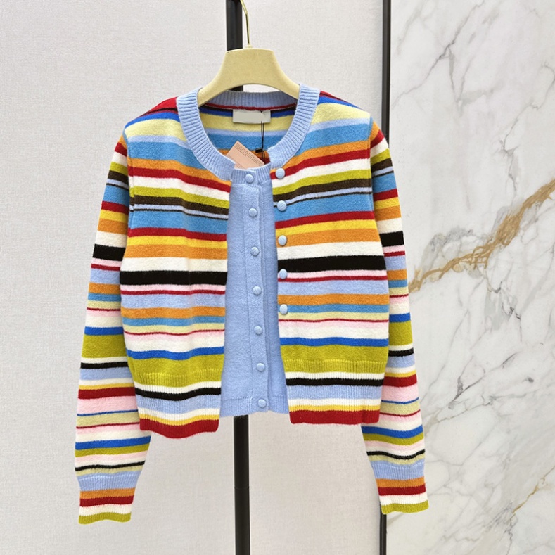 Designer Dopamine Striped Cardigan Women Fake Two Pieces Cropped Multicolor Coats Autumn Y2K Street Trip Youthful Luxury Cardigans