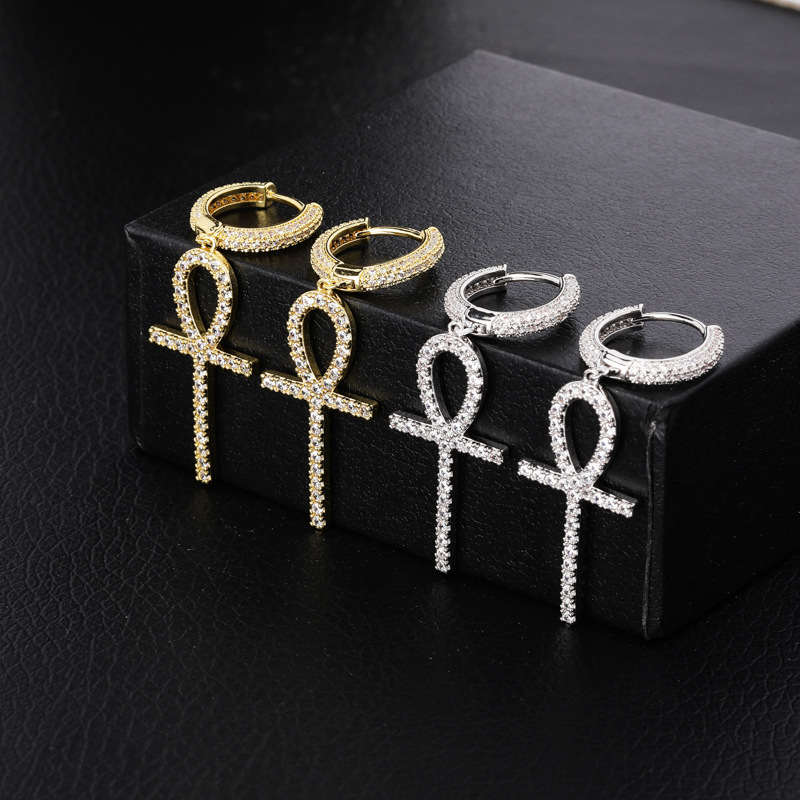 Luxury Iced Painless threaded Out D VVS Diamond ear clip with diamond-encrusted circle, non-pierced men's cross-shaped personalized earrings, f