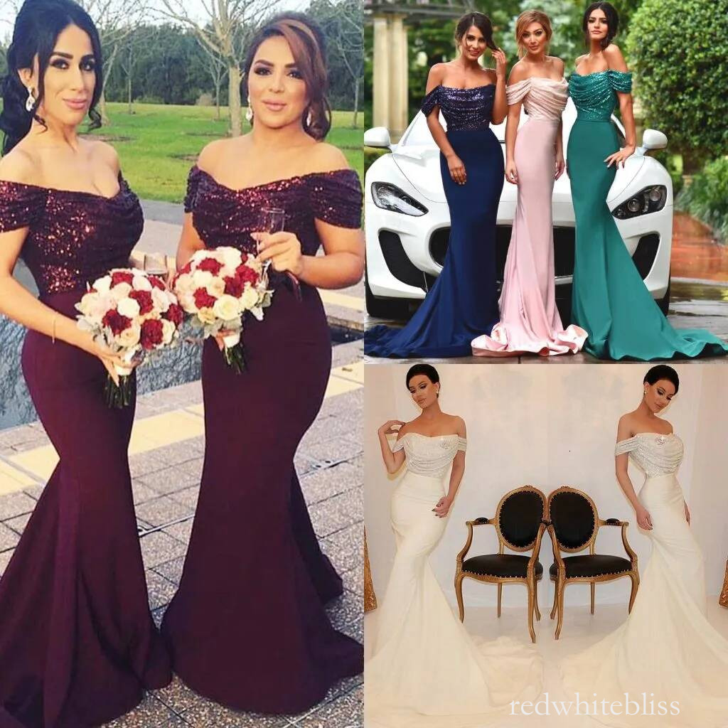 Off Shoulder Mermaid Bridesmaid Dresses Sequined Backless Cheap Bridesmaids Dress Sweep Train Plus Size Prom Gowns