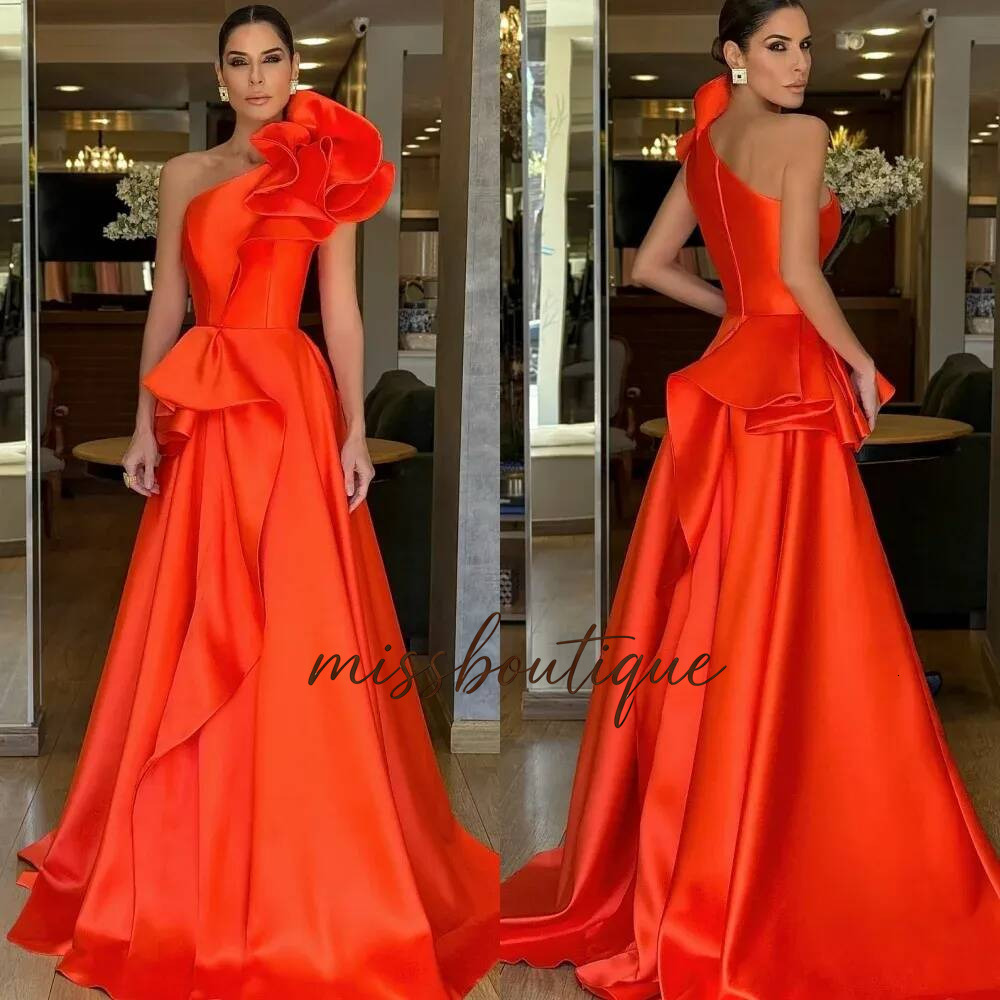 Exquisite One Shoulder Orange Evening Pageant Dress 2024 Sleeveless Flowers Satin A Line Women Prom Formal Gowns Vestidos Feast Robe De Soiree Q019