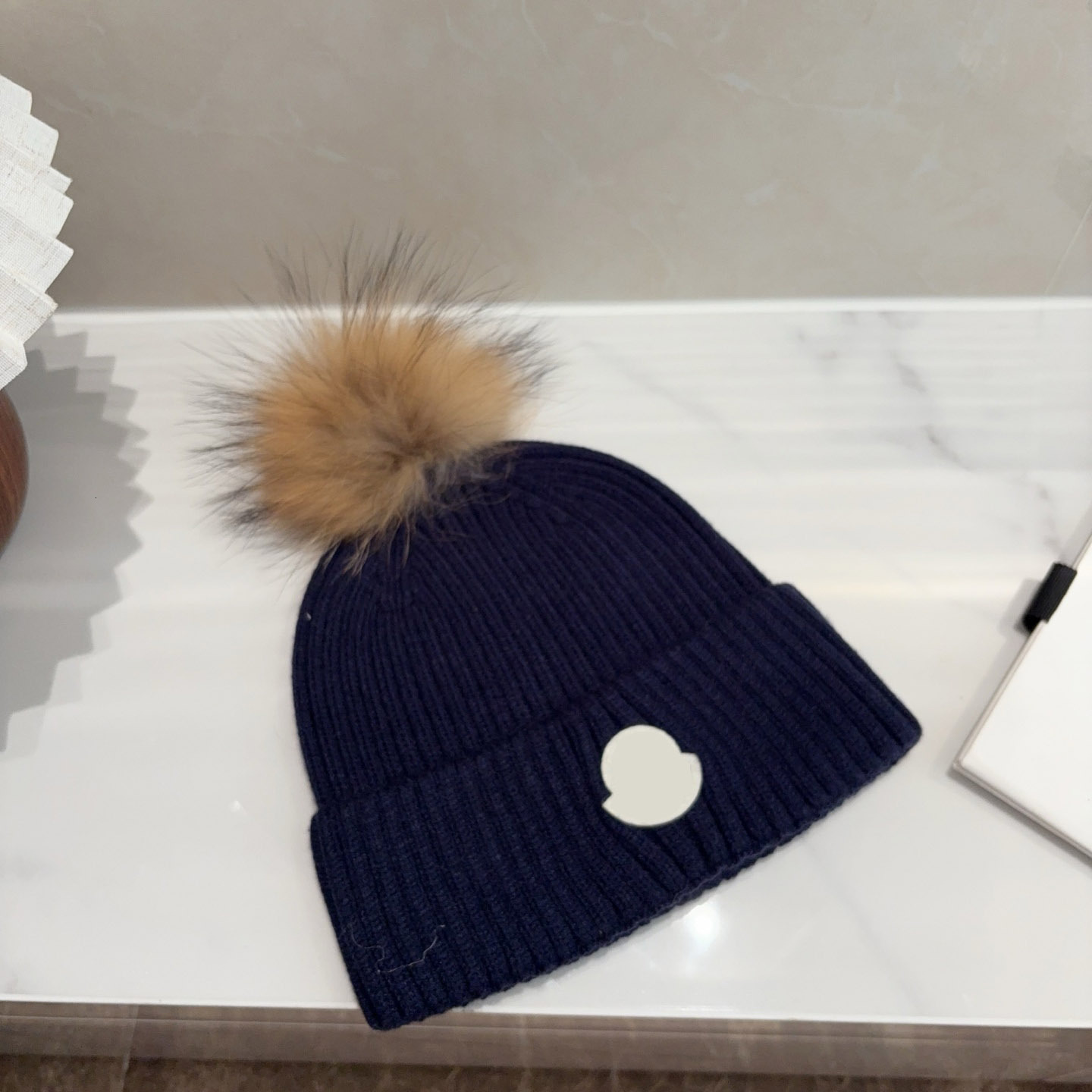 Pompom Designer Beanie Ribbed Knitted Winter Hat with Fluffy Top Cuffed Brim Warm Cozy Bonnet Casual Cold Weather Fashion Outdoor for Women Men