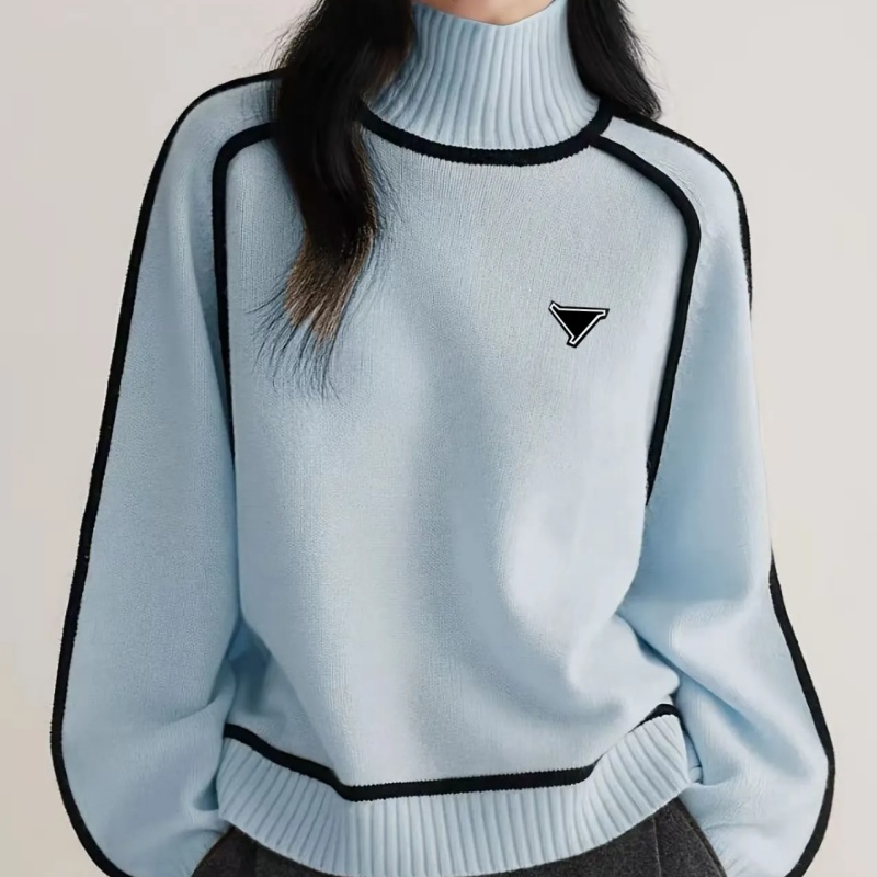 Designer new Womens Sweater knitted cardigan sweater Women Triangular metal logo Casual Contrast Binding High Neck Knitted Pullover Soft Warm Sweate