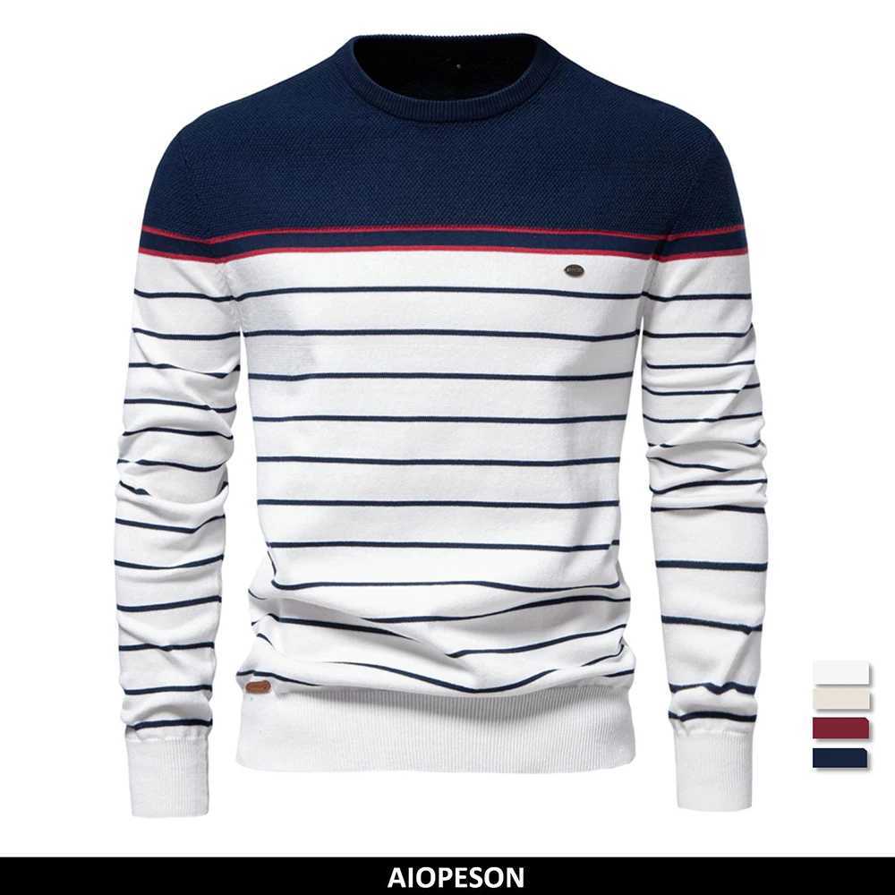 New O-neck Cotton Pullover AIOPESON Men's Sweater Striped Casual Autumn and Winter High Quty Knitted Sweaters for Men M261016