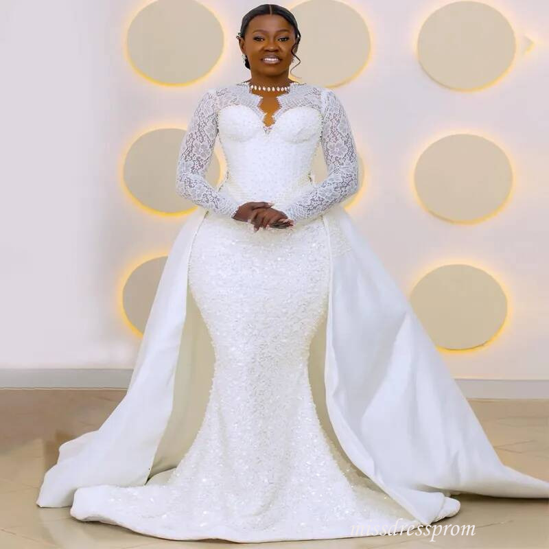 Plus Size Off White Dress Bridal Bride Mermaid Full Detachable Train Long Sleeves Beaded Lace Pearls Ruffles Wedding Gowns For Black Women D873