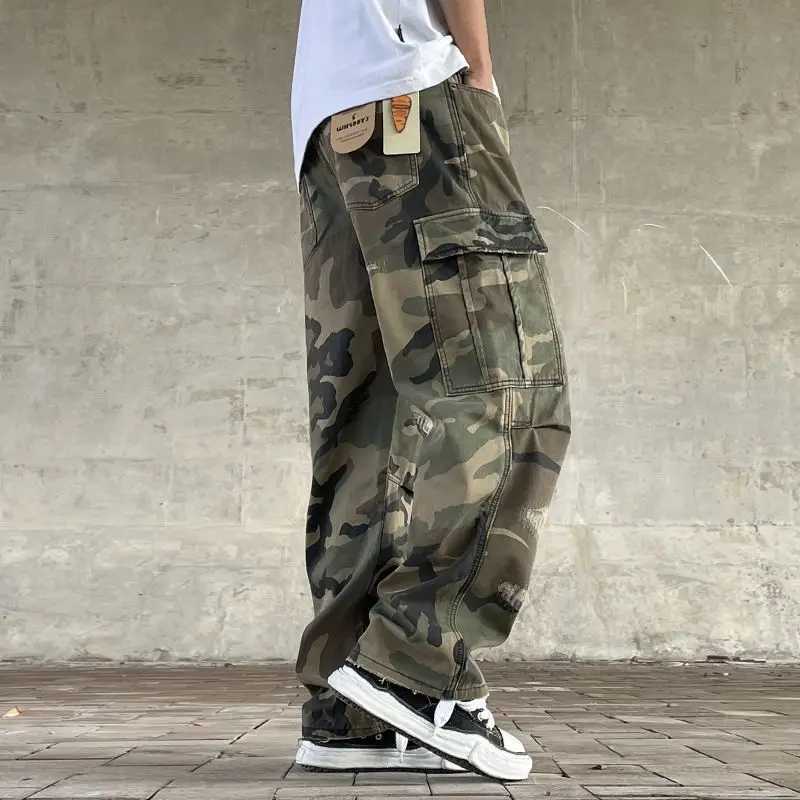 American street retro loose straight camouflage overalls men's heavy washing water handmade patches cut trendy military pants T261019