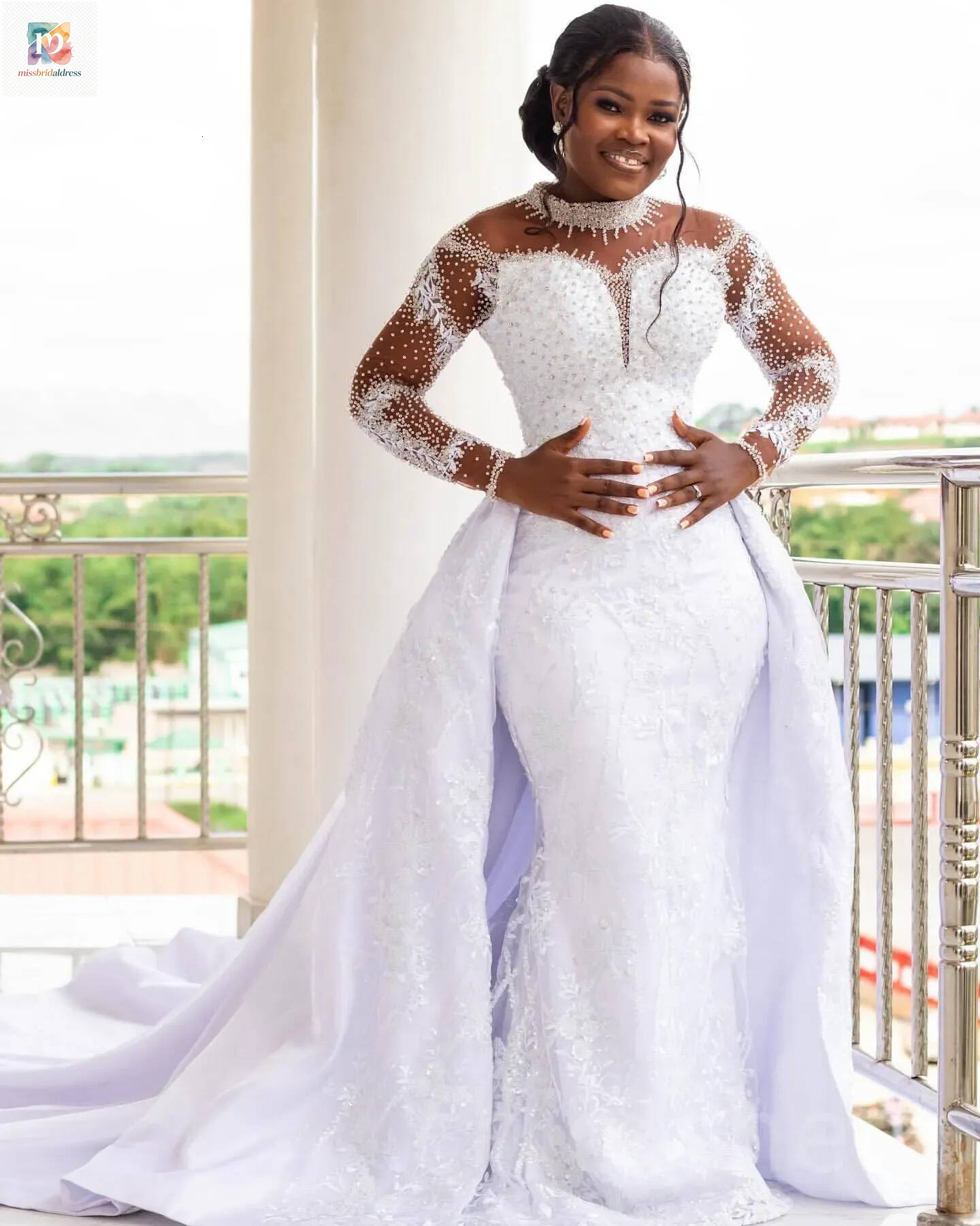 Ivory Mermaid Wedding Dresses Plus Size Full Sleeves Lace Beaded Detachable Train Bridal Gowns Dress Vestidos De Novia Mb019