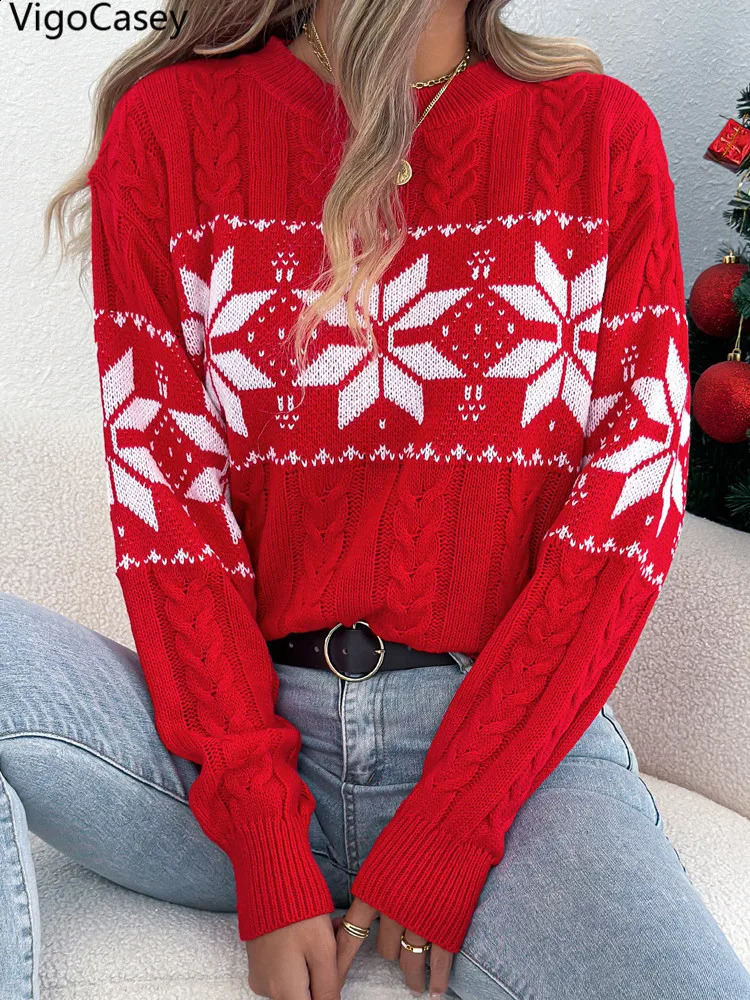 VigoCasey 2026 Winter Casual Red Print Knitted Sweater Women Loose Christmas Pullover Autumn Lady Long Sleeve O Neck Knit Jumper 261014