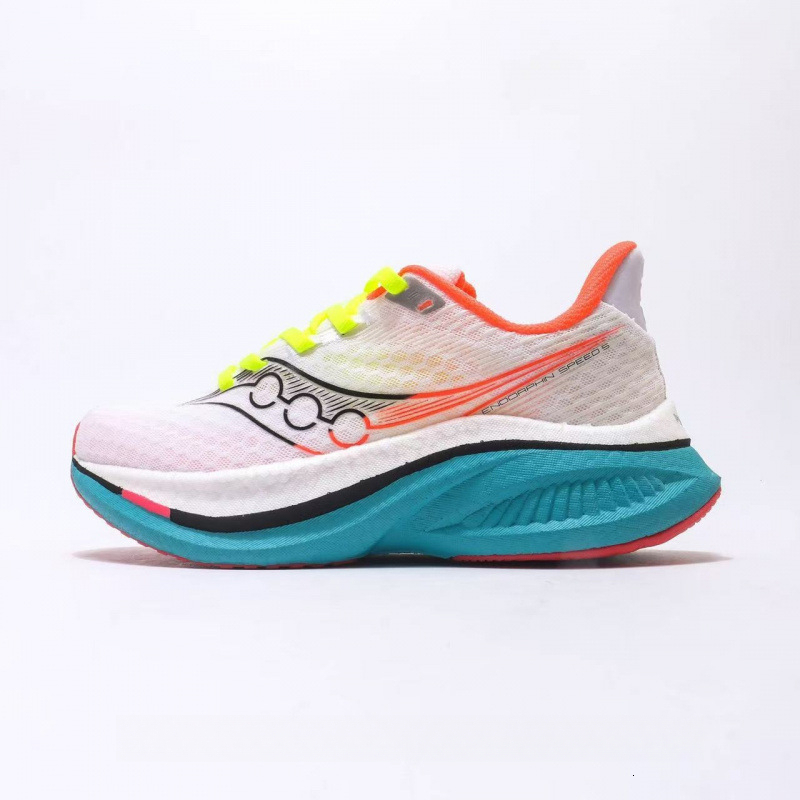 Saucony Designer Shoes White Mesh Running Shoes Neon Yellow Lace Rocker Trainers With Teal Sole Orange Trim Cushioned Speed Style Sneakers For Men W