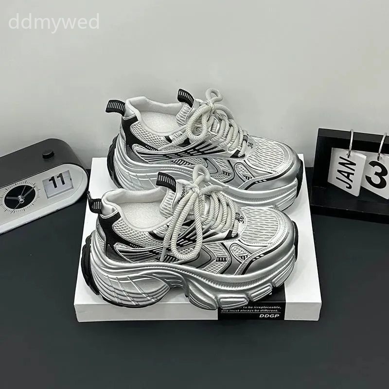 Women's Silver Chunky Sneakers 2025 Summer New Arrival Thick Sole Platform Shoes Casual Sports Footwear