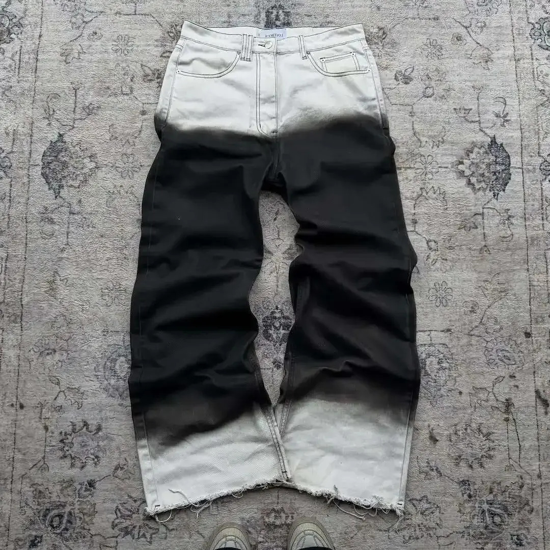 Men Jeans trousers Mens Gradient Color Spliced Wide Leg Y2k High Waisted Fringed Denim 2026 Street Casual Pants