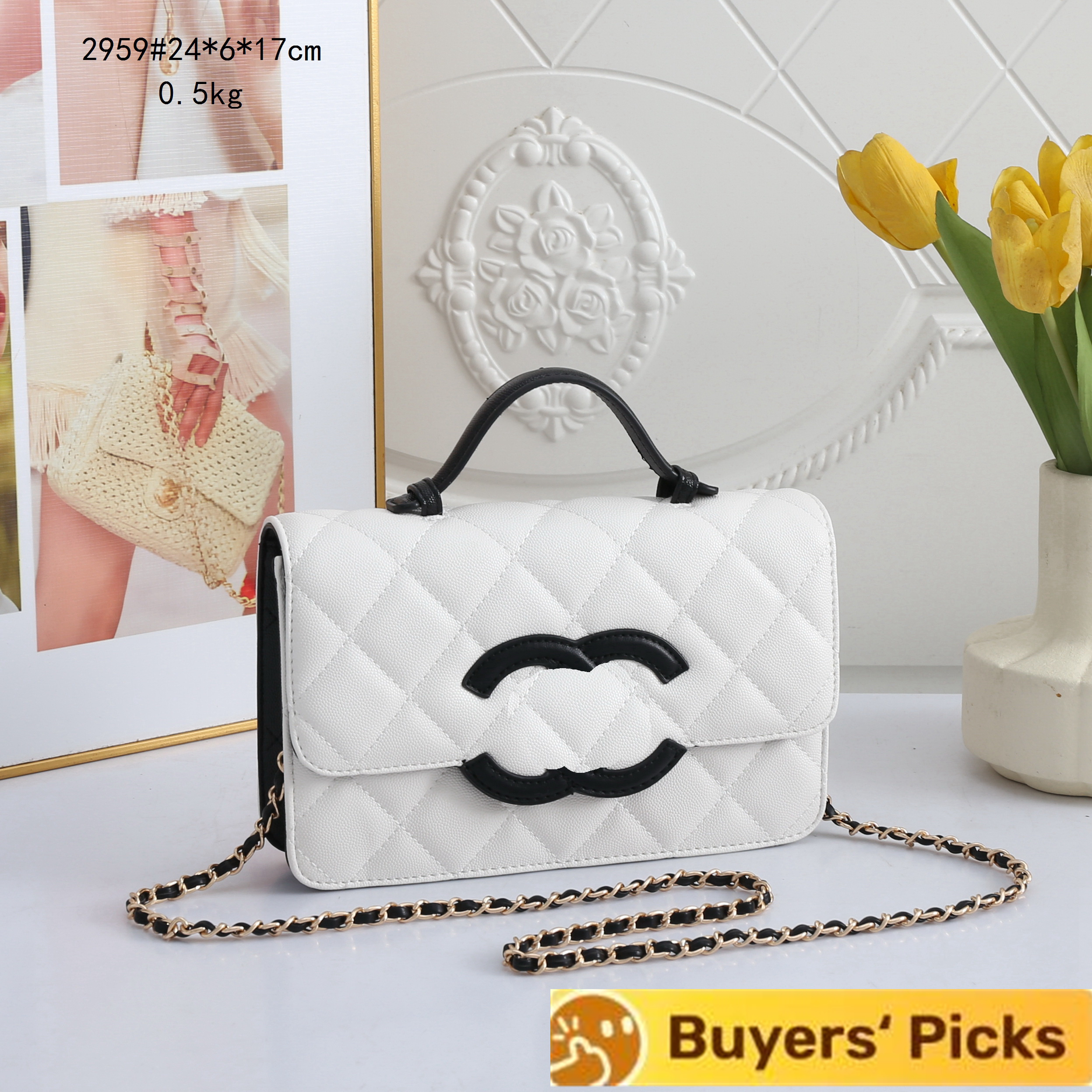 CC Top Handle Mini Flap Bag Two Tone Quilted Leather Gold Chain Strap CF Women Shoulder Crossbody Purse Black White Luxury Trendy Designer Daily Han