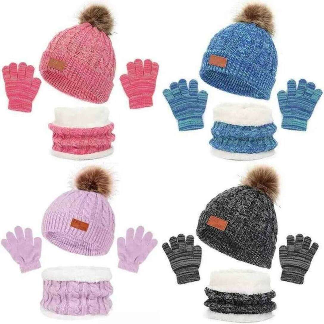 Kids Hats Autumn Winter Baby Knitted Hat Scarf Gloves Set baby PCS Cute Pompom Toddl