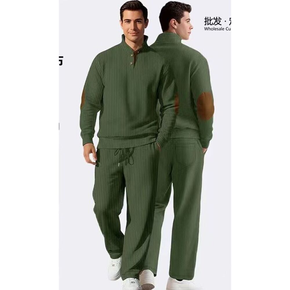 Men Stand Collar Ribbed Jacquard Knit Sweater Two Piece Set 2026 Autumn New European American Style Versatile Long Pants Casual Outfit Soft For Dail