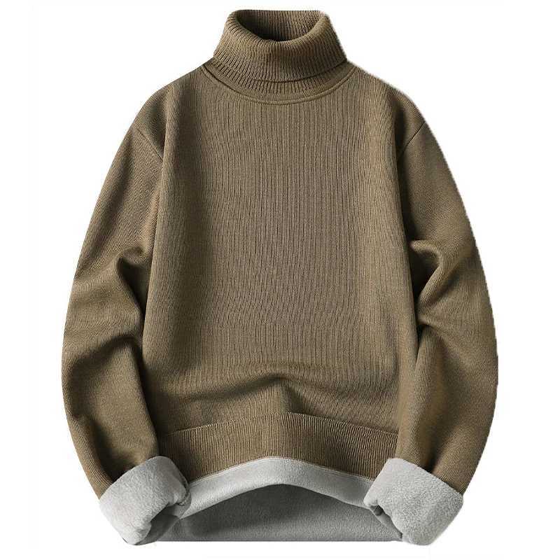 Turtleneck Sweater Flced Knitwear Mens Solid Color Velvet Jumpers Slim Fit Elegant Brand Brown Knitted Sweaters M261016