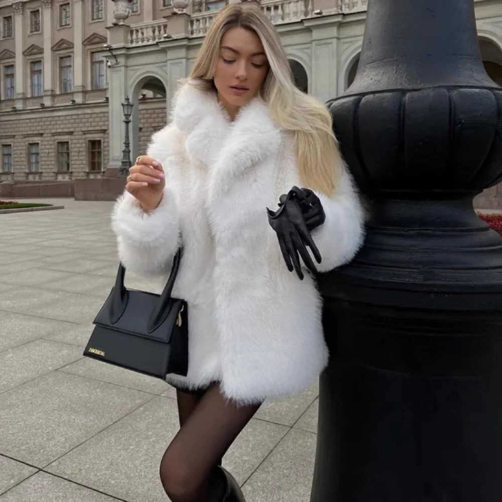 Elegant Wihte Fur Coat Women Winter Strtwear White Fluffy Jacket 2025 New Coats Womens S261016JP1X
