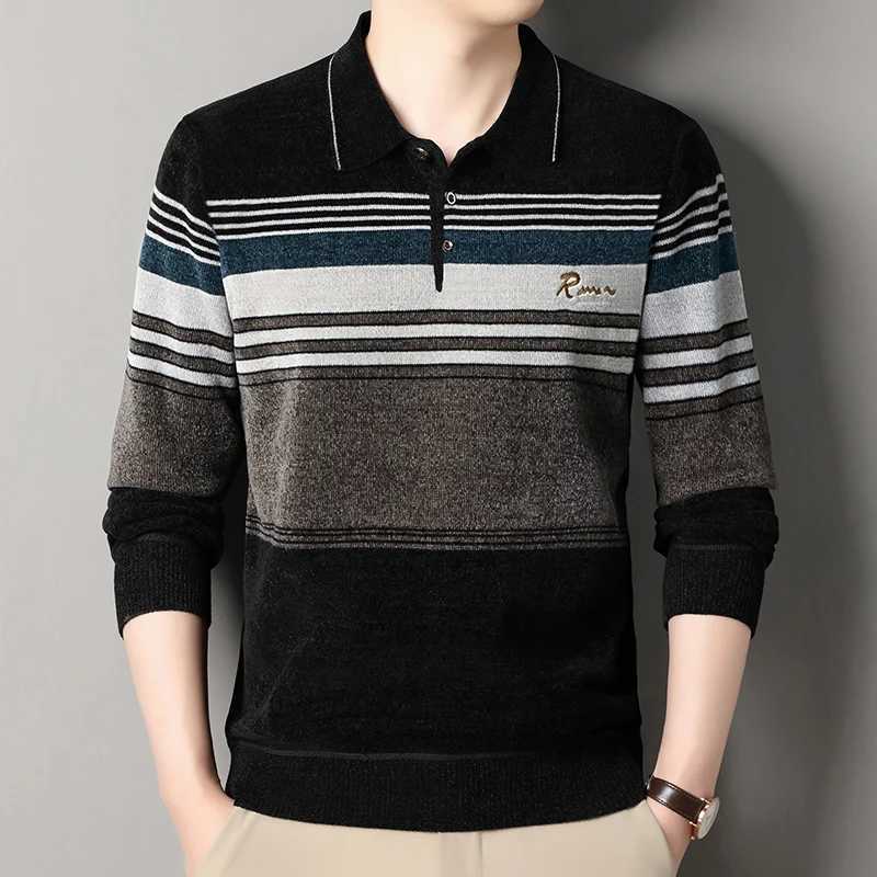 Lapel Men's Pullover Sweaters Retro Autumn Winter Thick Flced Sweaters Elegant Brand Brown Knitted Sweaters M261016