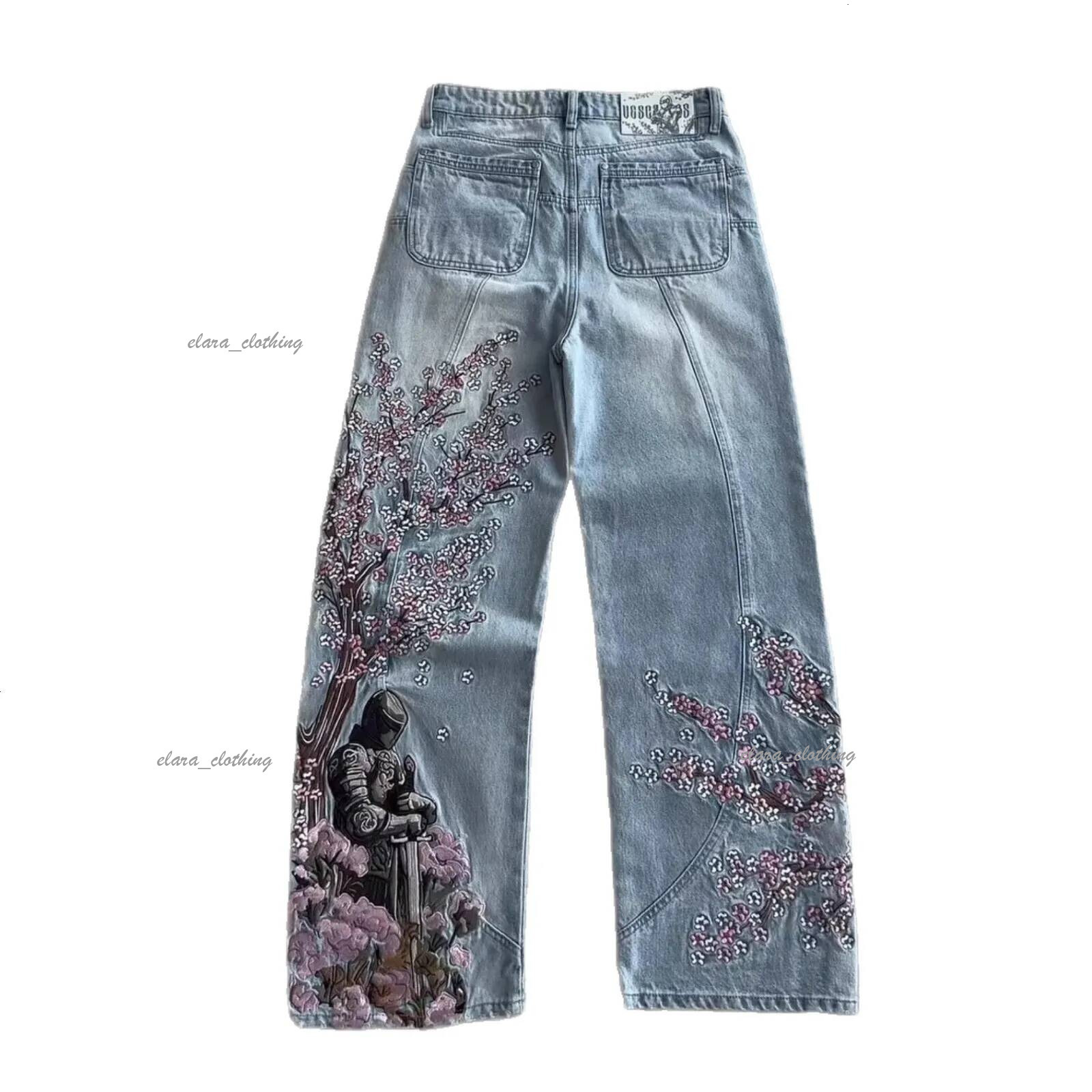 Men's Jeans Designer Clothes In Stock Heavy Print Y2k American Retro Wide Leg Long Pants Hip Hop Street Loose Unisex Jeans Daily Outfit Men