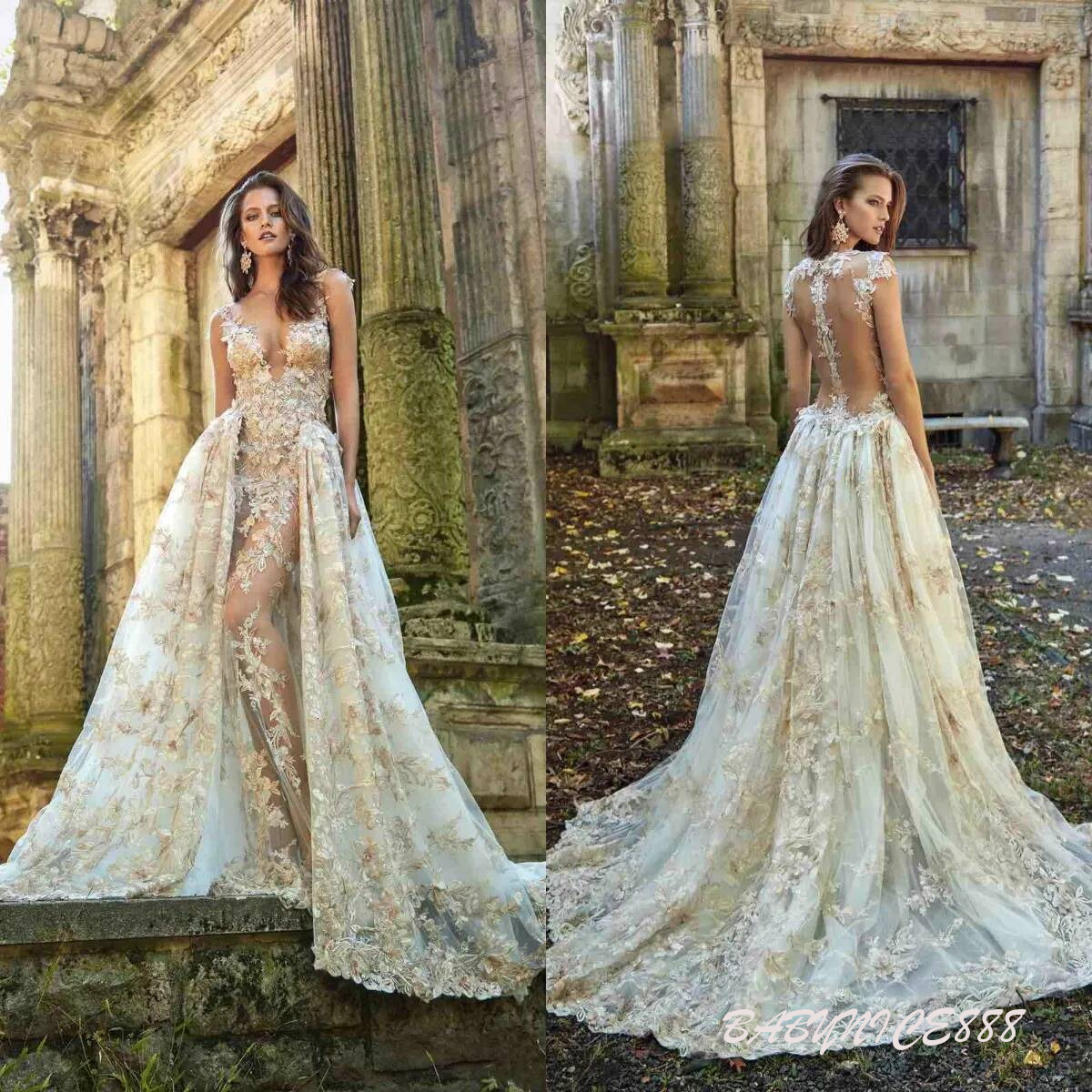 wedding dresses with detachable skirt train newest sexy see through backless deep v neck lace appliques bridal gowns vestidos de novia