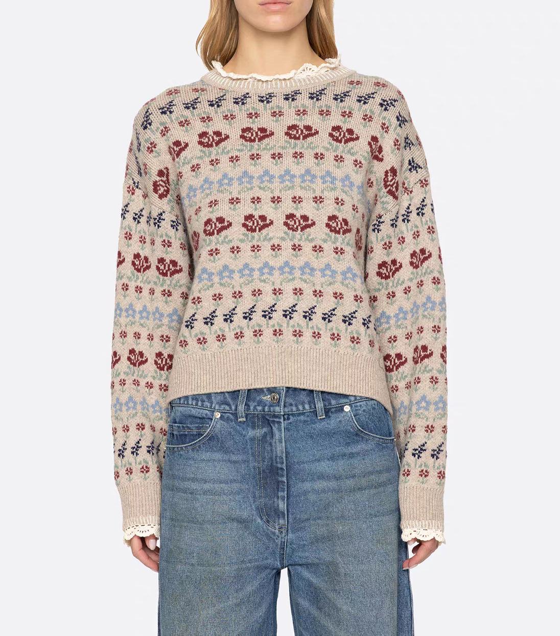 Wool Blends Women Vintage Print Embroidery Lace Stand Collar Knitted Sweater Versatile Long Sleeve Fall Winter Lady Tops