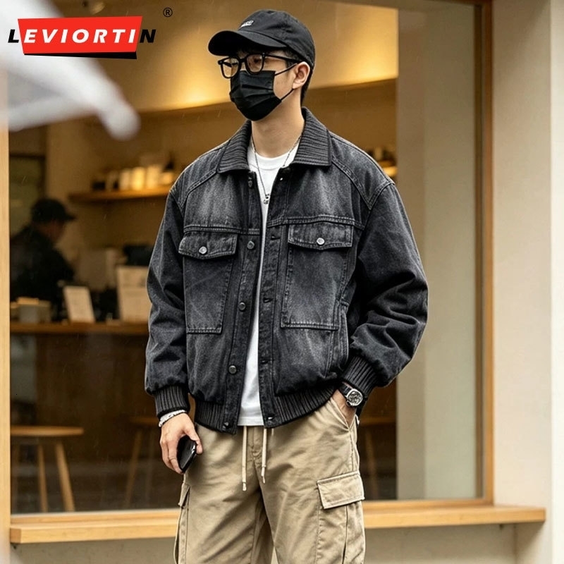 Men's Washed Denim Work Jacket Lapel Collar with Patchwork n Big Pockets Loose Boxy Fit Versatile Casual Outerwear Coats y260929