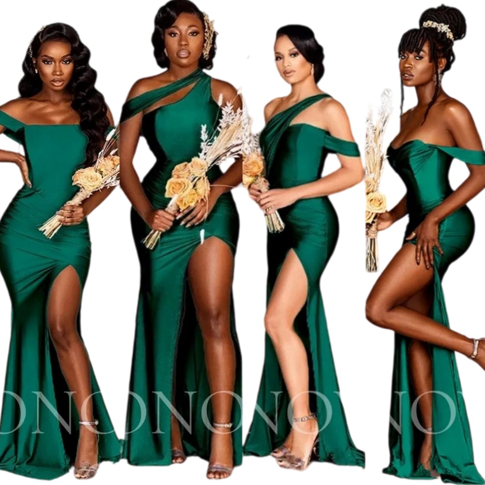 Cheap Bridesmaid Dresses Hunter Green Mermaid Elastic Satin Party Dress for Wedding Side Split Off the Shoulder Robe Elegant Gowns Weddings Evening