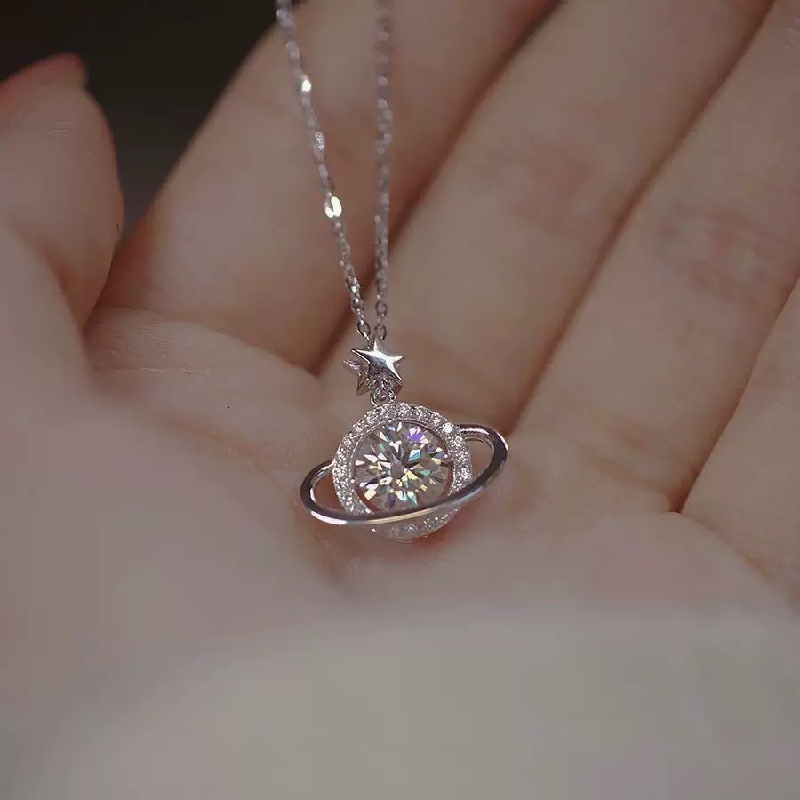 Luxury Brand Designer Jewelry Best-Selling Cosmic Planet Necklace For Women, Featuring Dazzling, Full-Diamond, Moissanite-Like Pendants, A Fashionab